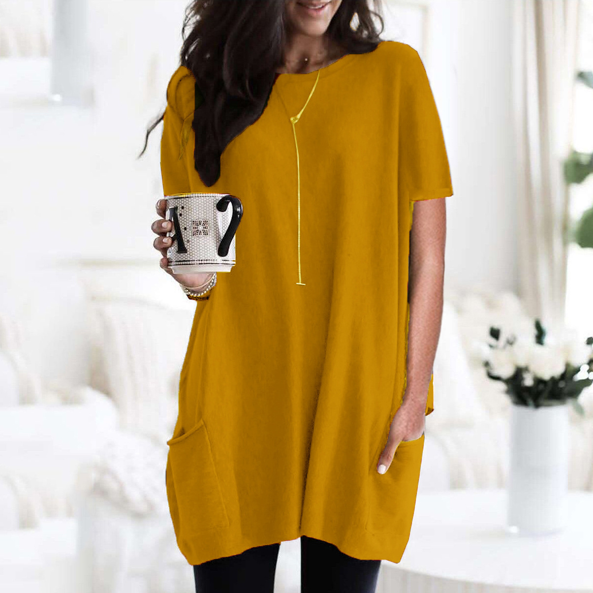 Women's Long Sleeve Pocket T-Shirt Casual Loose Fit Crew Neck Top