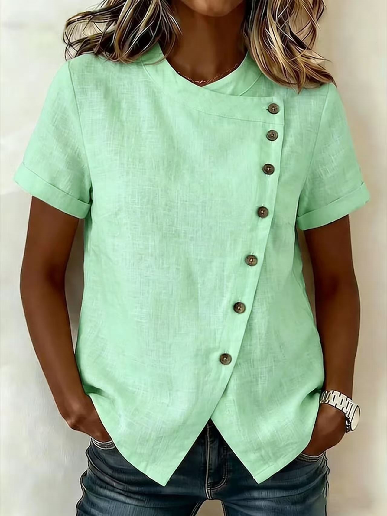 Women's Solid Cross Round Neck Short Sleeve Loose Irregular Top