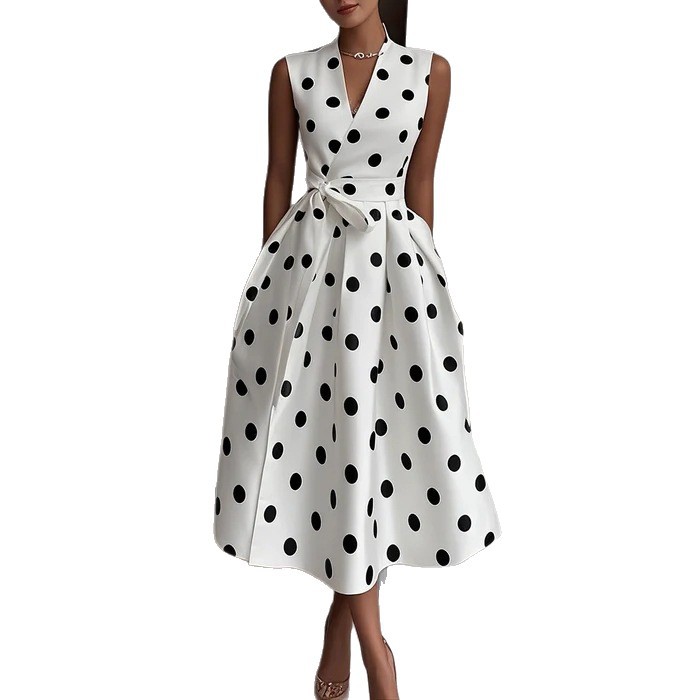 French Polka Dot Dress V-Neck High Waist Tie Midi