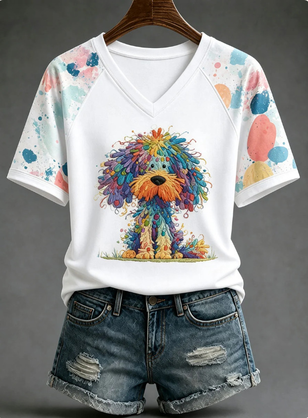 Women's Short Sleeve V-Neck T-Shirt with 3D Dog Print