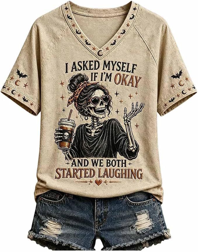 Skull Goblet Letter Print V-Neck Short Sleeve Women's T-Shirt