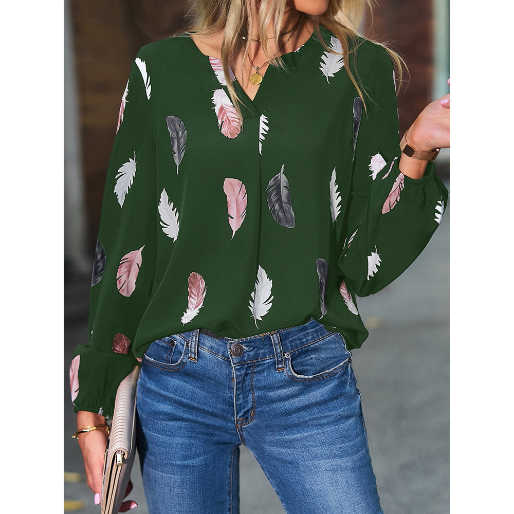 Women's V-Neck Feather Print Long Sleeve Loose T-Shirt Top
