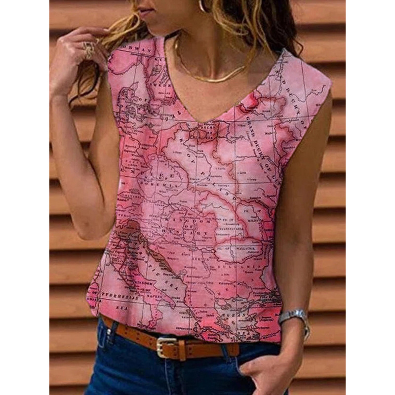 Women's Sleeveless Map Print V-Neck Tank Top