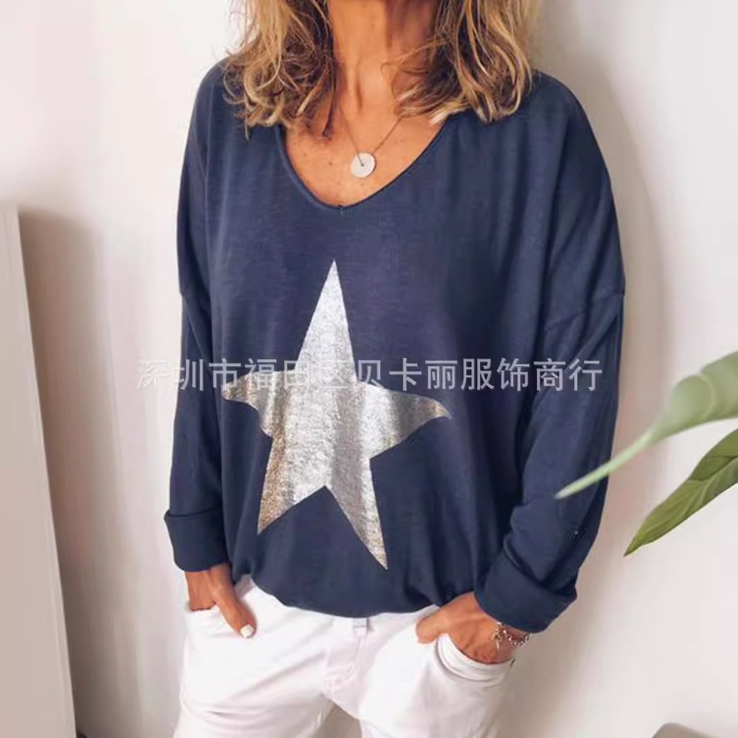 Women's Long Sleeve V-Neck T-Shirt Loose Fit Knit Top