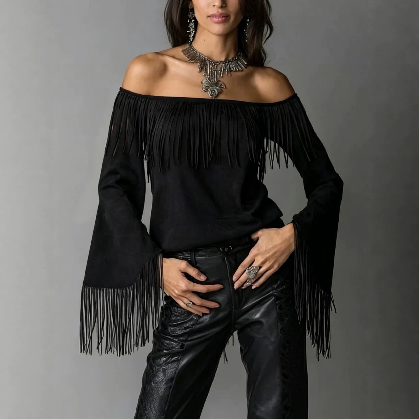 Women's Off-Shoulder Faux Suede Fringe Top with Flared Sleeves