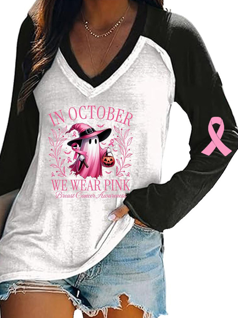 Women's V-Neck Long-Sleeve Halloween Pumpkin Ghost Ribbon Print T-Shirt
