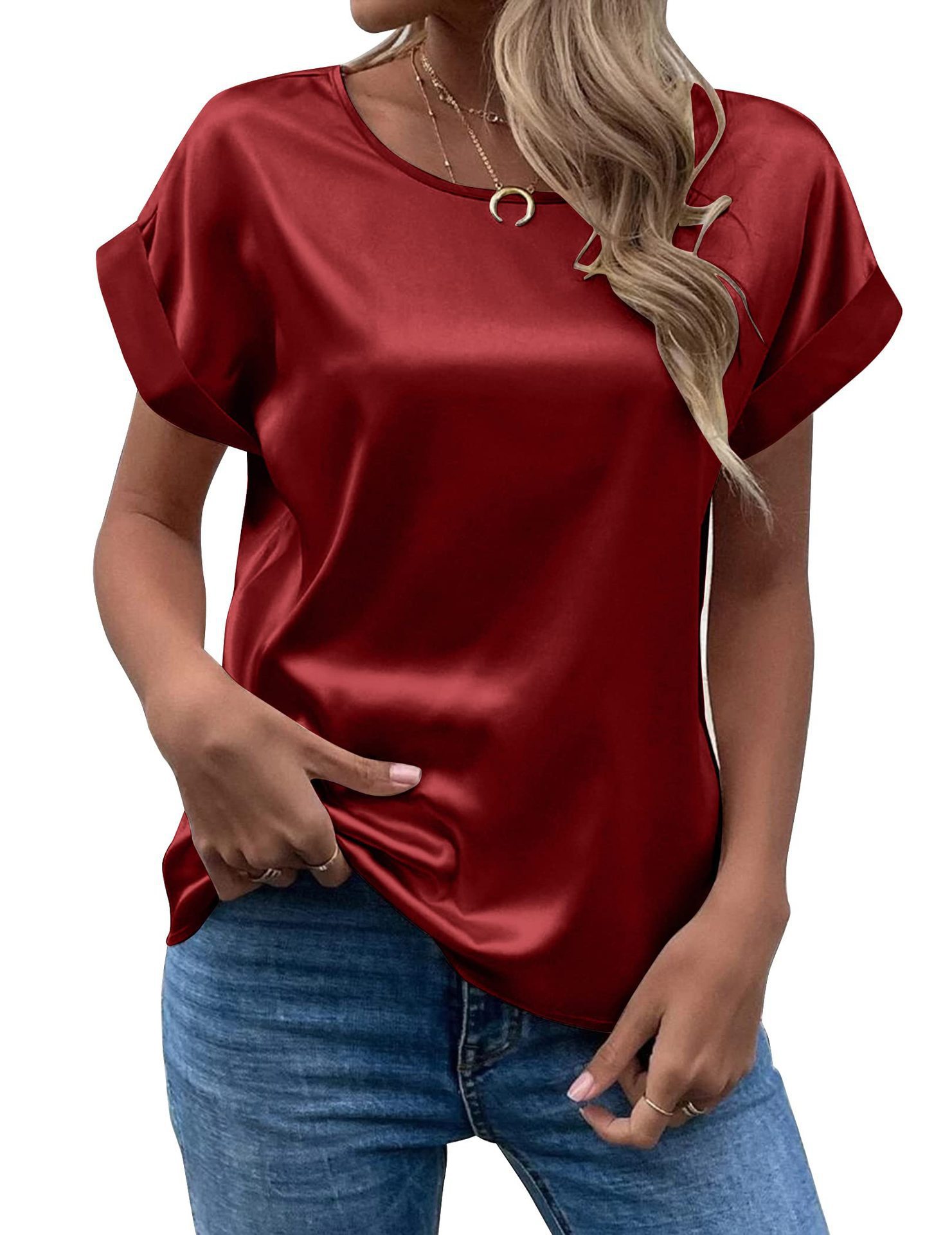 Women's Satin Crewneck Straight-Fit Short-Sleeve T-Shirt