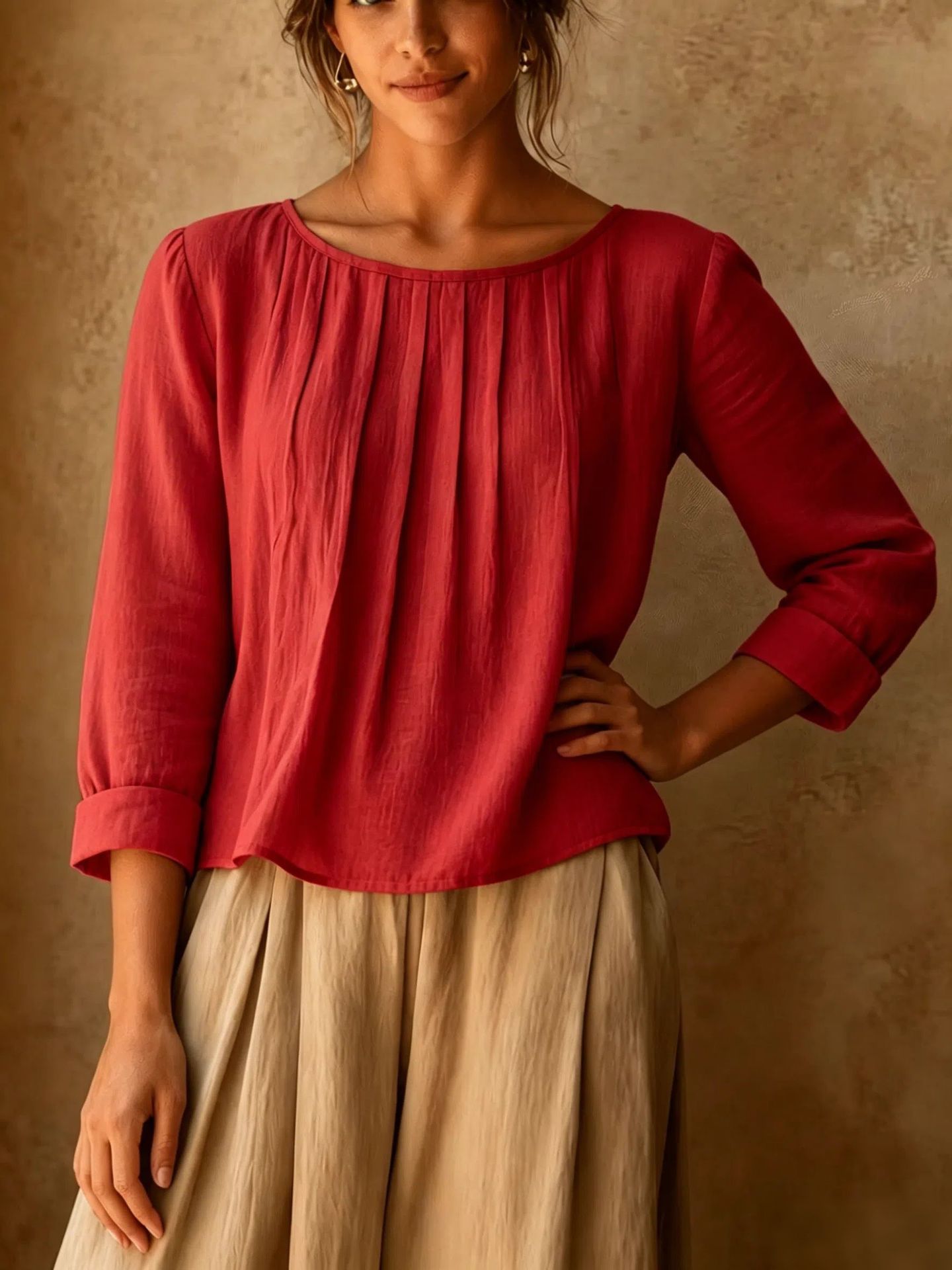2026 New Cross-Border Summer Women's Cotton-Linen Top Loose Slimming Pleated Round Neck Eight-Sleeve Shirt Solid Color Casual