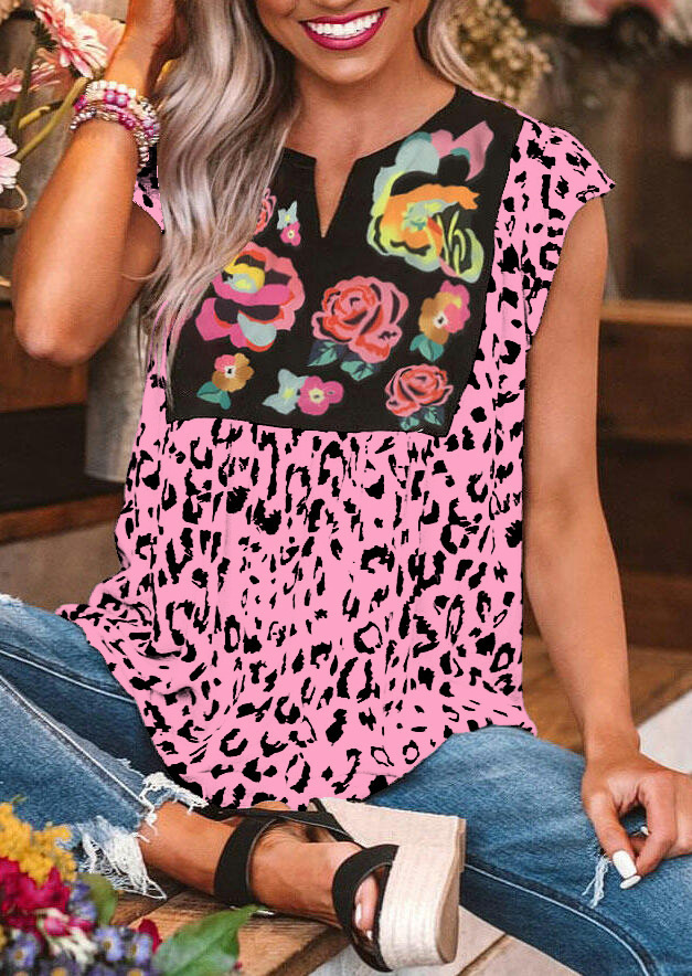 Leopard Print Patchwork Short Sleeve V-Neck T-Shirt for Women