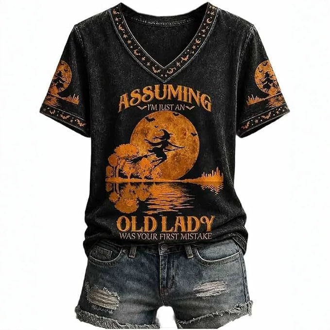 Halloween Evil Witch Print V-Neck Short Sleeve Women's T-Shirt