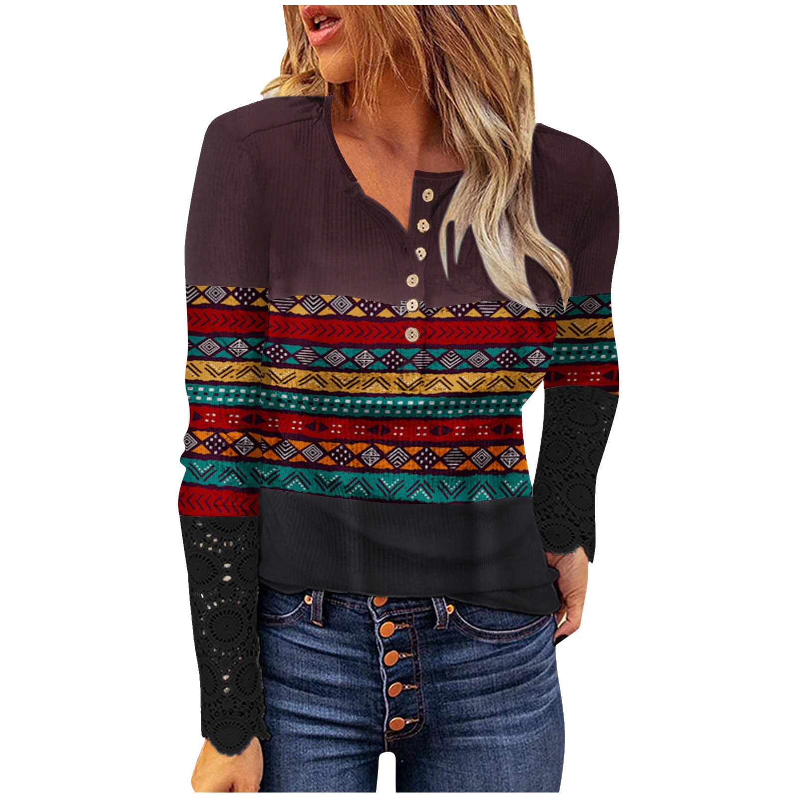 Lace Spliced Long Sleeve Ribbed Slim Fit Button Print Women's T-Shirt