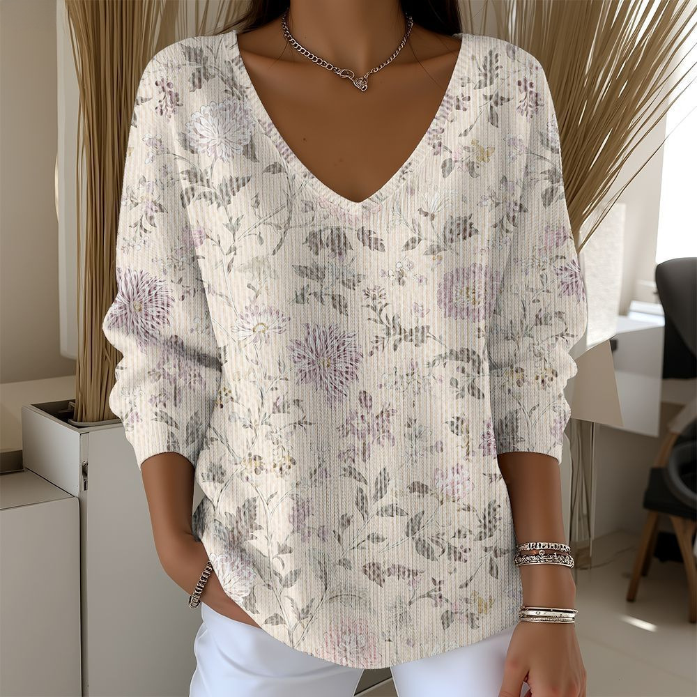 Women's V-Neck Long Sleeve T-Shirt with Animal & Plant Digital Print