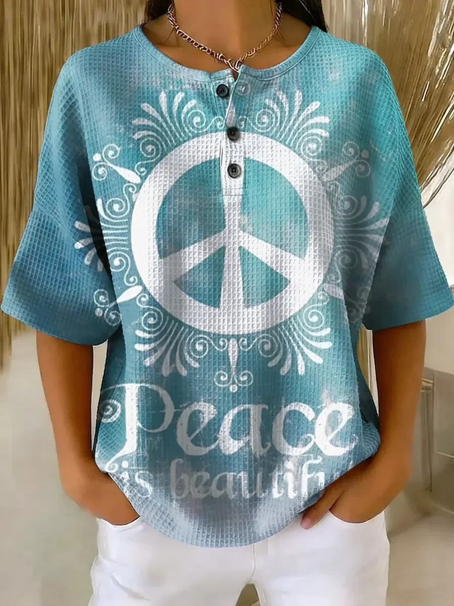 Floral Plaid Print Crewneck Short Sleeve Button Top