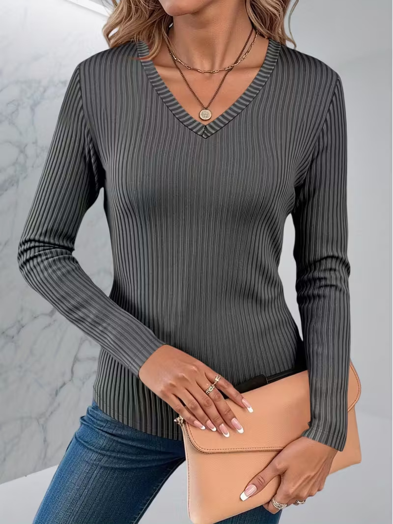 Women's Solid V-Neck Long Sleeve T-Shirt Regular Fit Casual Elegant