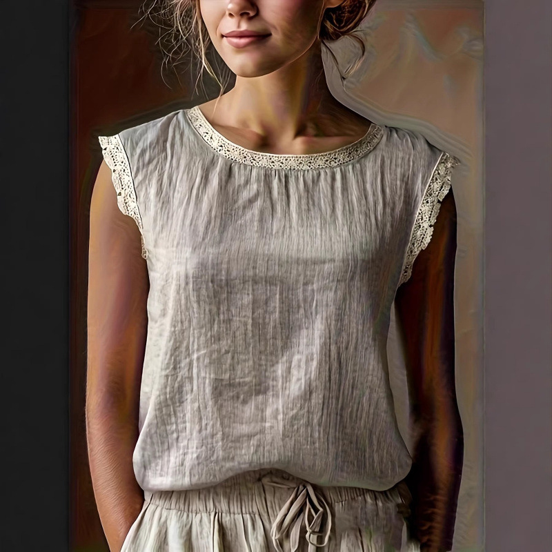 Women's Loose Linen-Blend Round Neck Lace-Trim Sleeveless Shirt