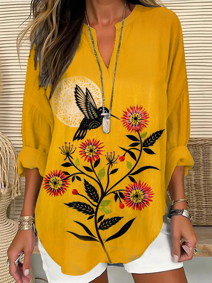 Floral Print V-Neck Long Sleeve T-Shirt for Women