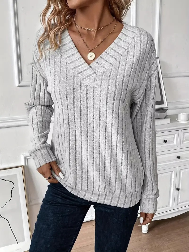 Women's Long Sleeve V-Neck Knit T-Shirt Casual Solid Color Top