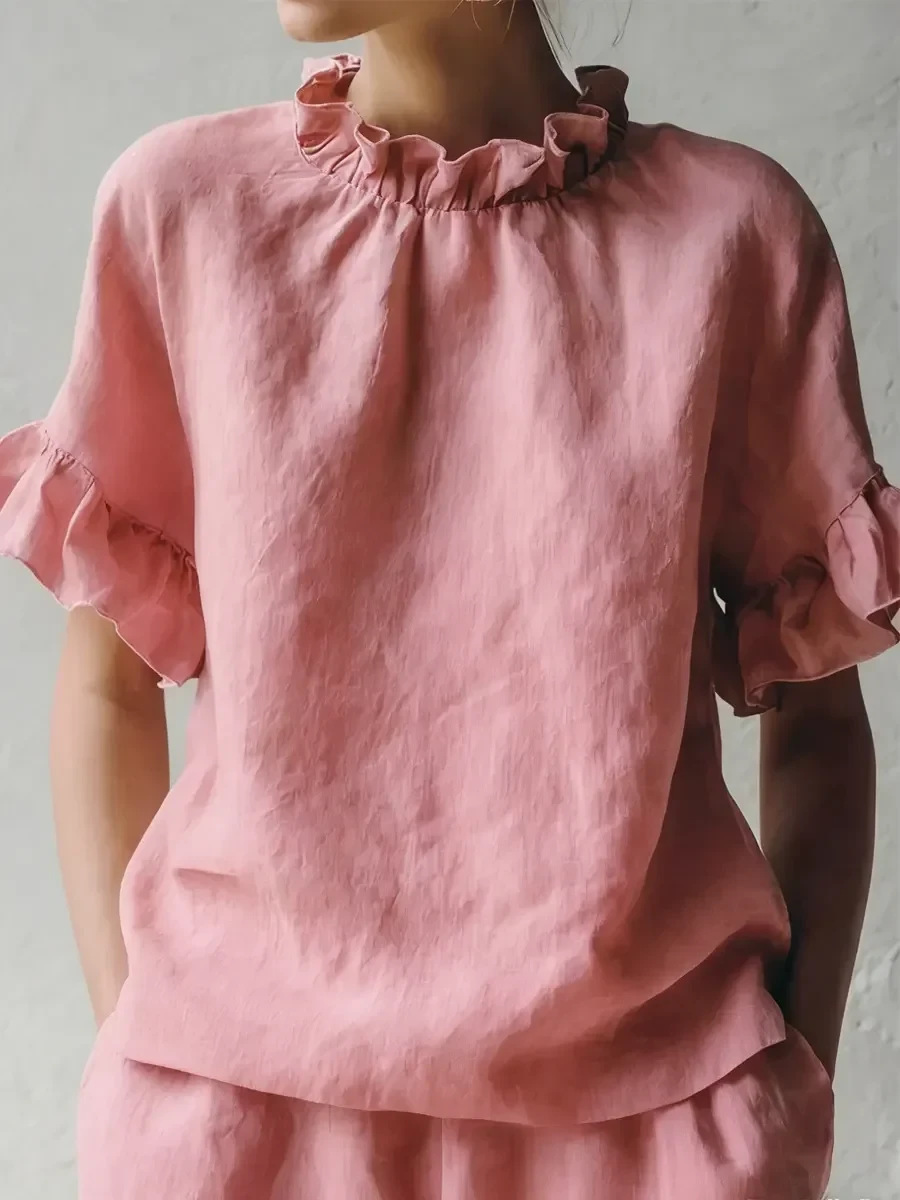 Women's Summer Solid Ruffle Short Sleeve Loose Casual Top