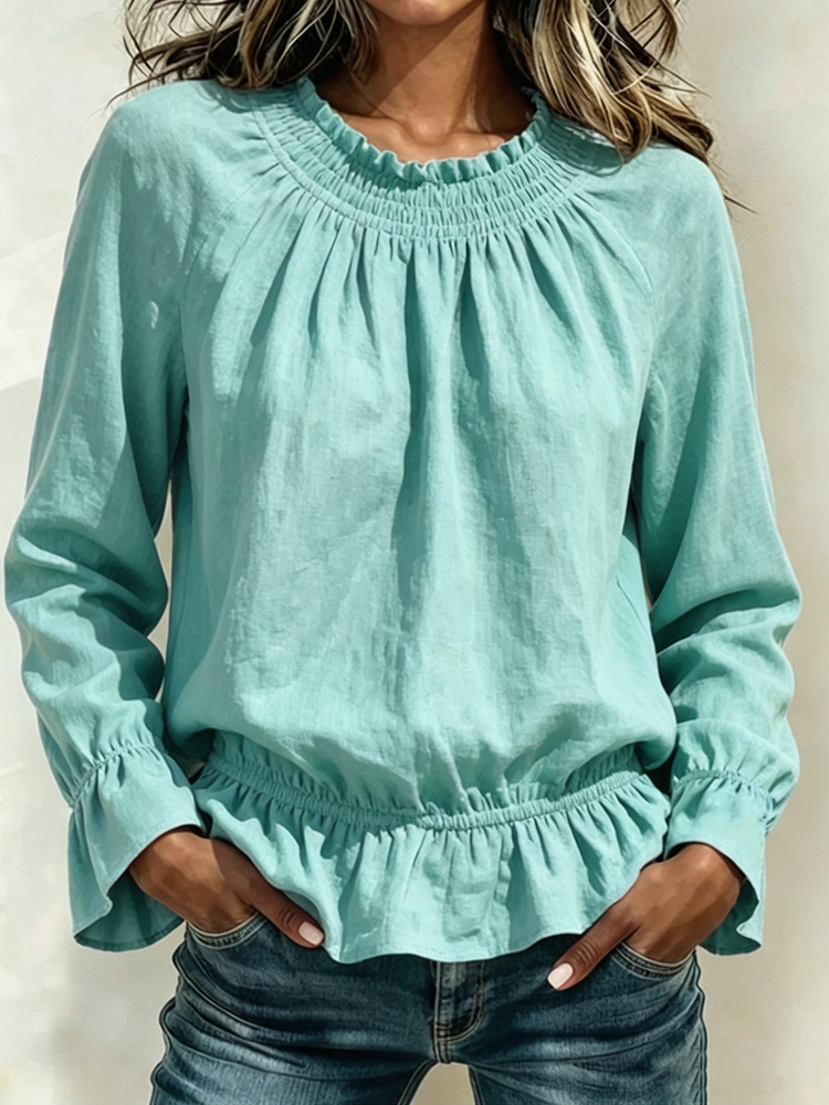 Women's Casual Crewneck Long-Sleeve Ruffle Solid Color T-Shirt