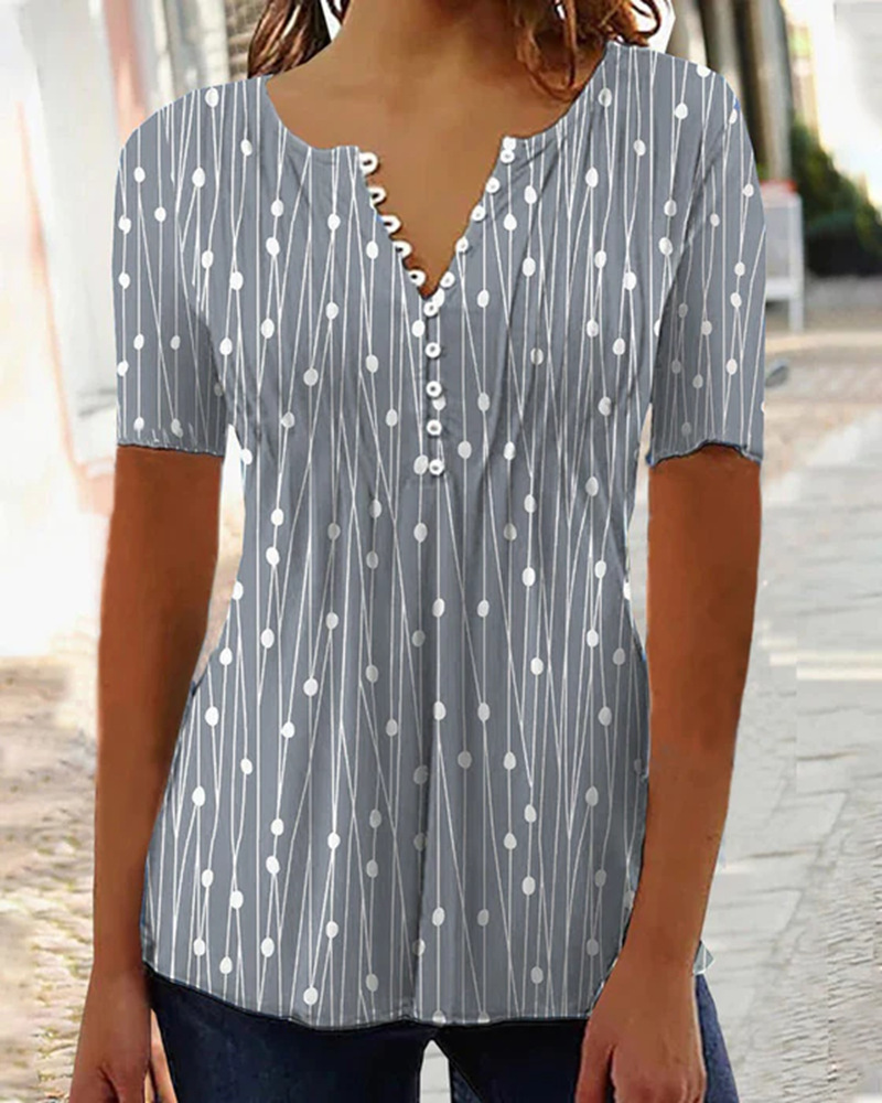 V-Neck Polka Dot Short Sleeve Blouse