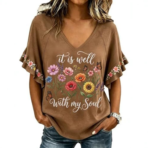 Floral Book Print V-Neck Short Sleeve Women's T-Shirt
