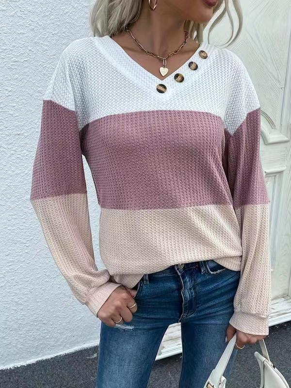 Color-Block V-Neck Knit Top for Women