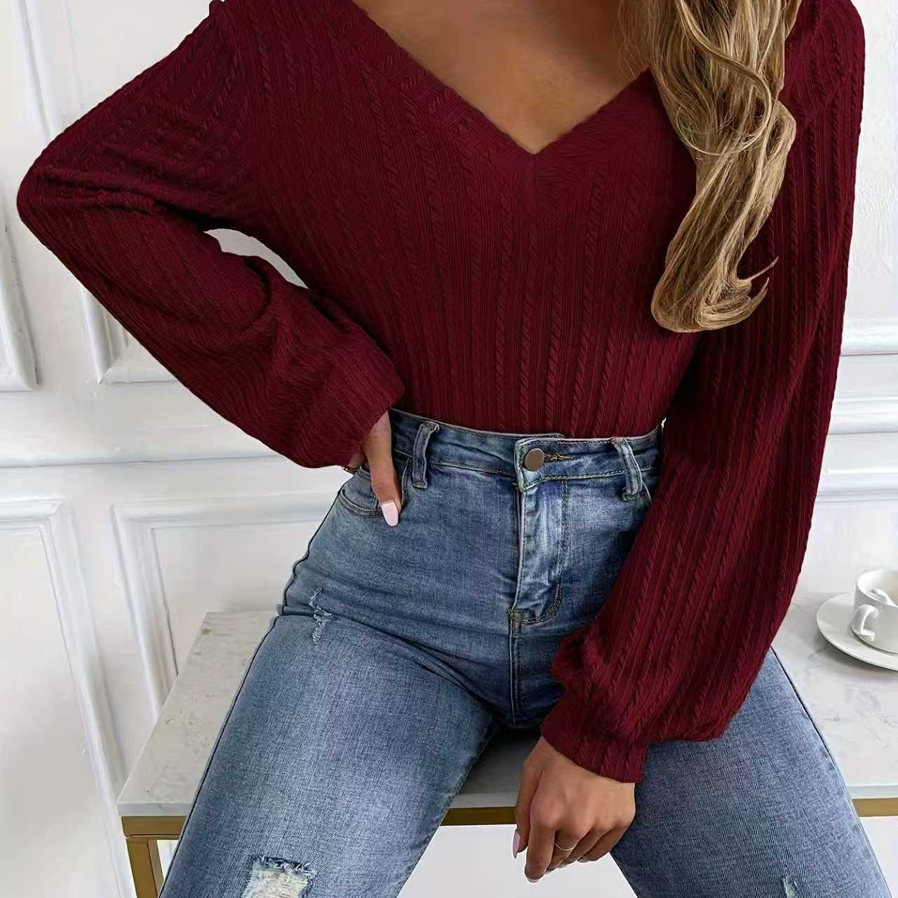 Women's Ribbed V-Neck Long Sleeve T-Shirt Solid Color Casual Top