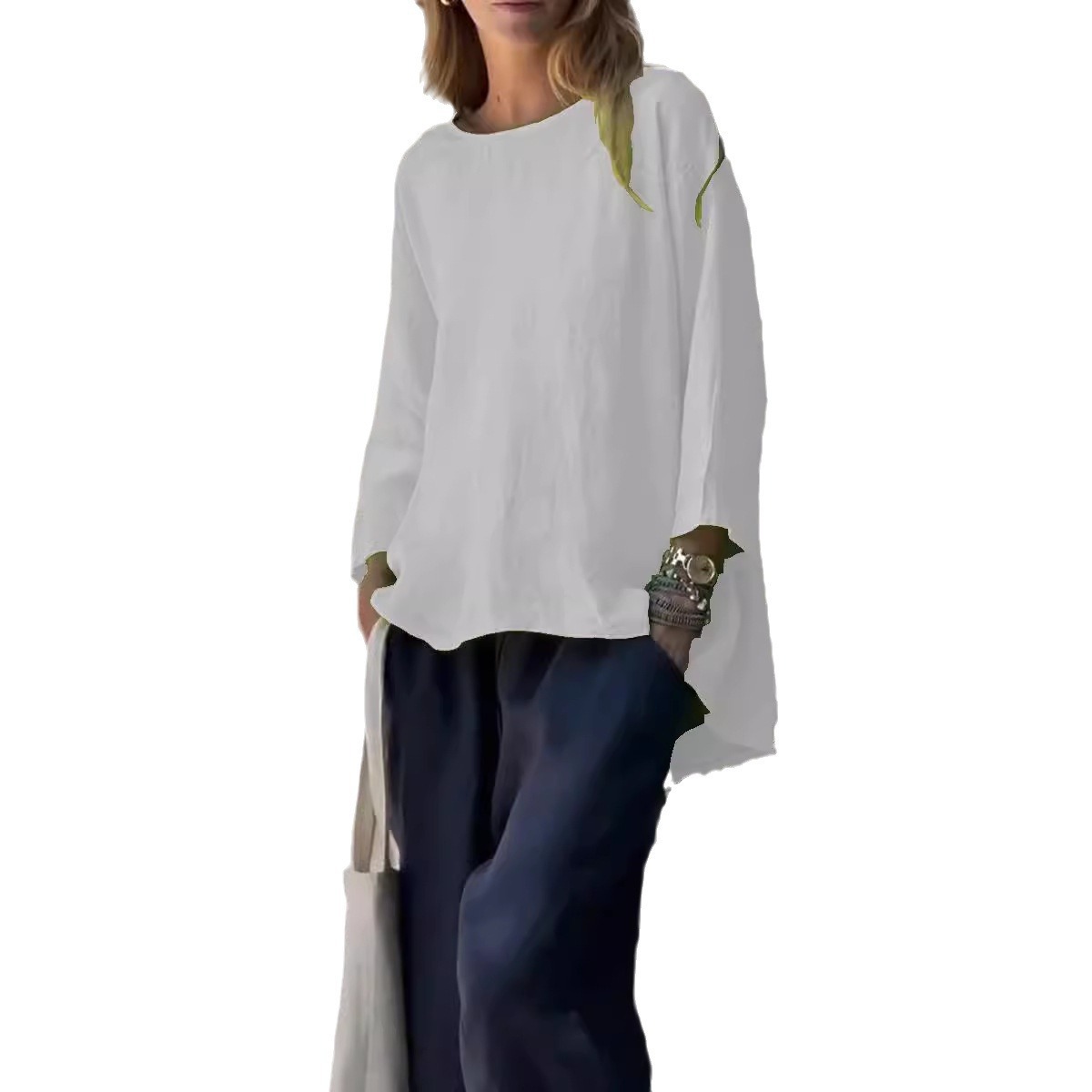 Women's 3/4 Sleeve Crewneck Cotton Linen Loose Shirt Top