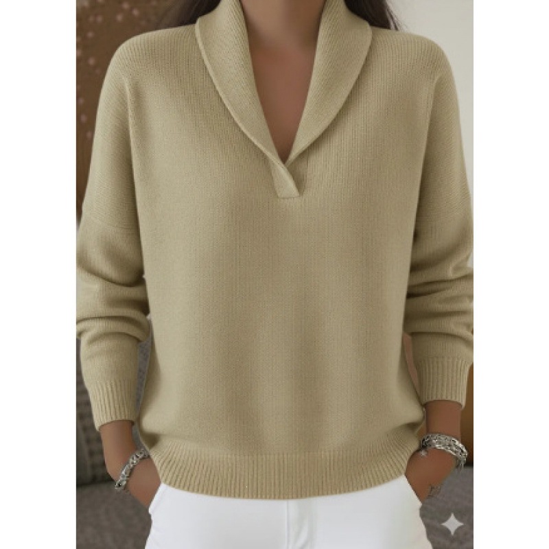 V-Neck Long Sleeve Knit Pullover Loose Solid Color Top