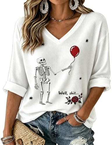 Skull Floral Balloon Print V-Neck Mid-Sleeve T-Shirt
