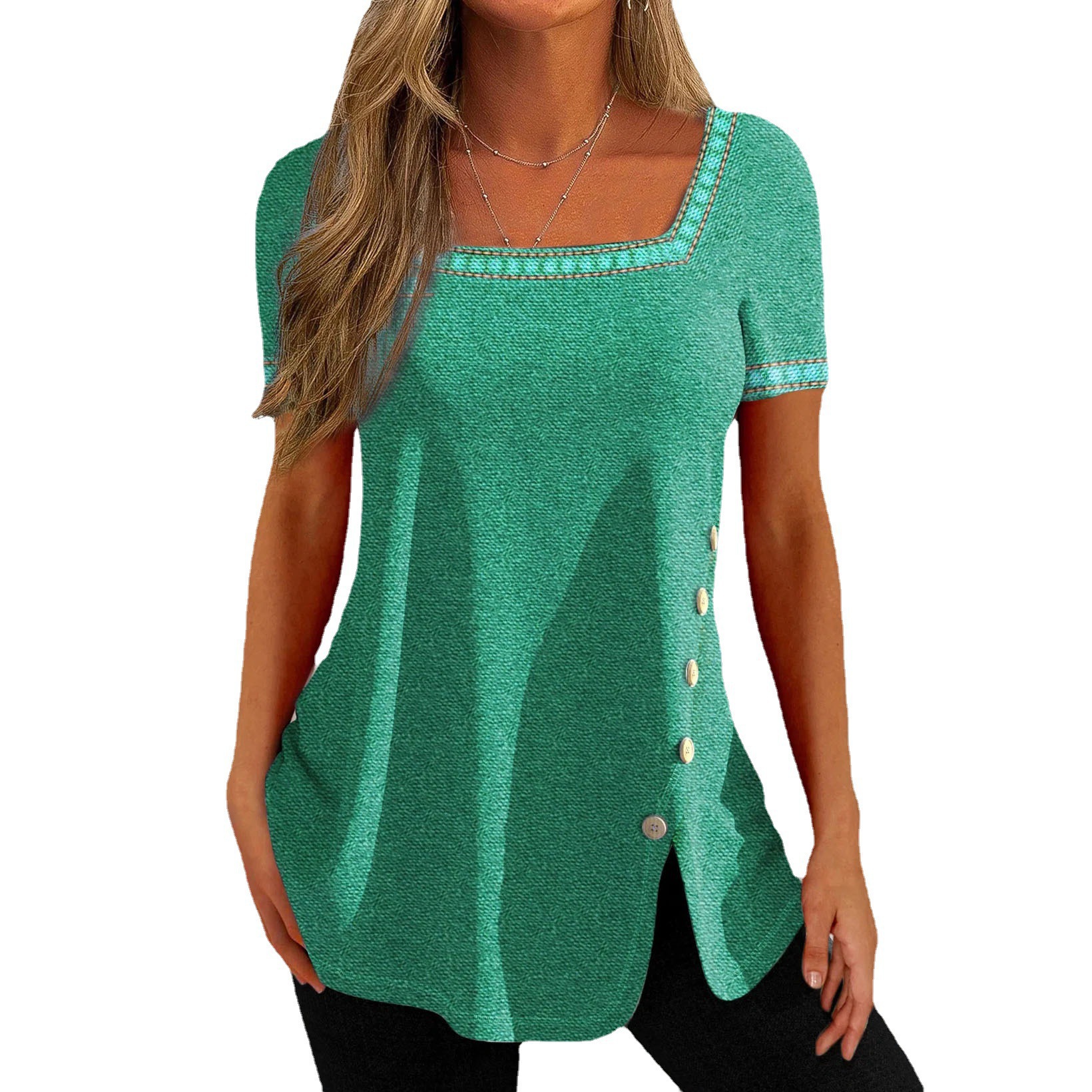 Women's Printed Button Slit Short Sleeve T-Shirt