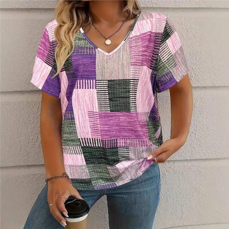 Women's Square Print V-Neck Short Sleeve T-Shirt