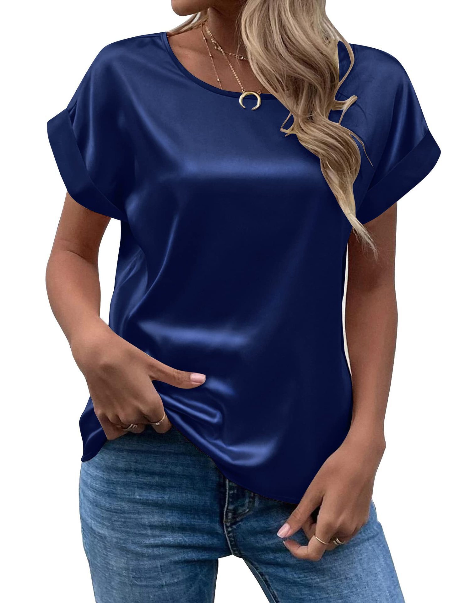 Women's Satin Crewneck Straight-Fit Short-Sleeve T-Shirt