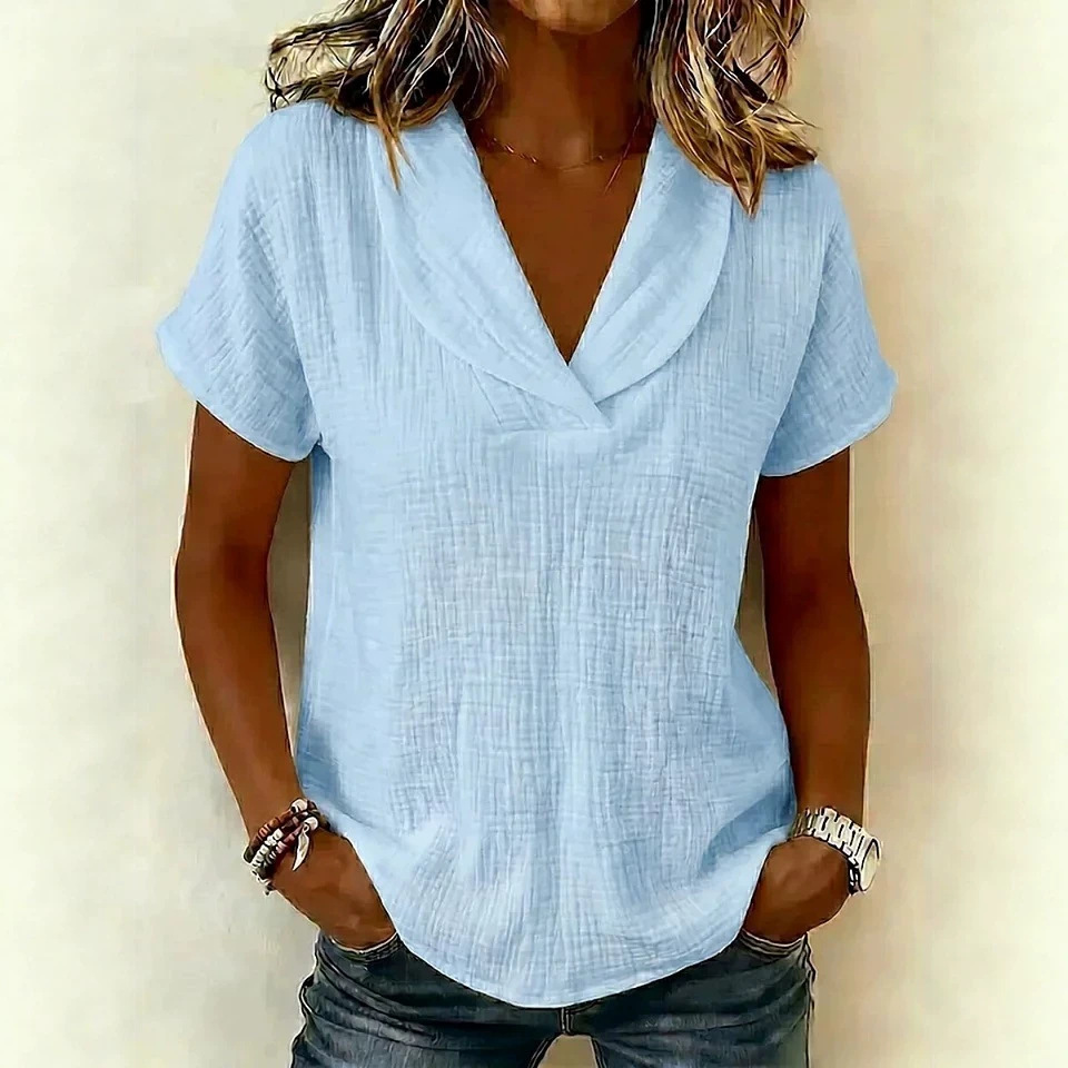 Women's Summer Short Sleeve Crepe V-Neck Casual T-Shirt