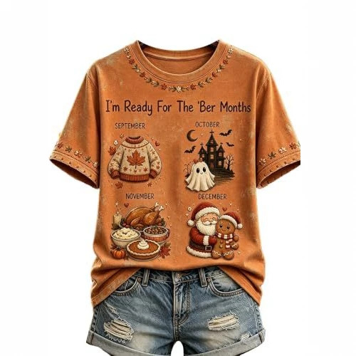 Olive Pumpkin Maple Leaf Print Short Sleeve T-Shirt