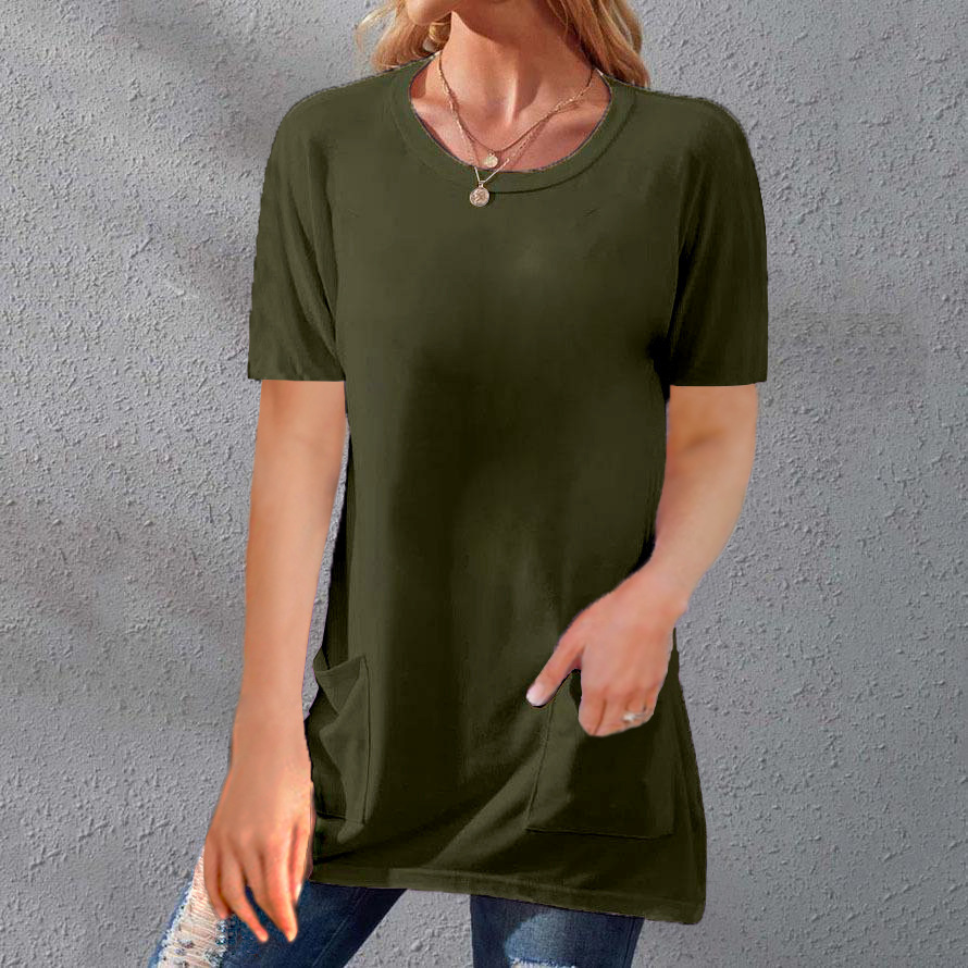 Women's Loose Fit Crewneck Short Sleeve Pocket Solid Midi T-Shirt