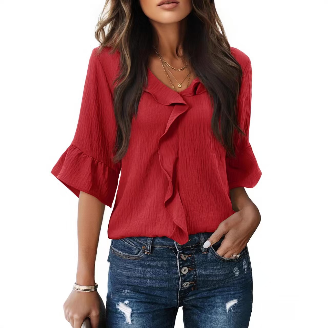 V-Neck Ruffle Lantern Sleeve Casual Top