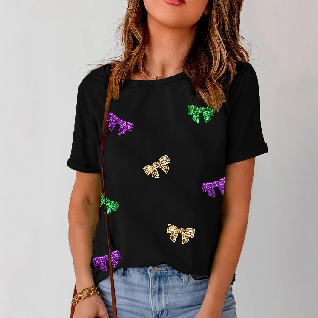 Women's Bow Short Sleeve T-Shirt Loose Crew Neck Top
