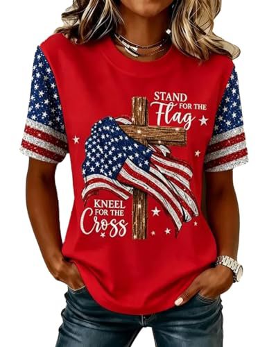 Summer Cross American Print Crewneck Short Sleeve Women's Top