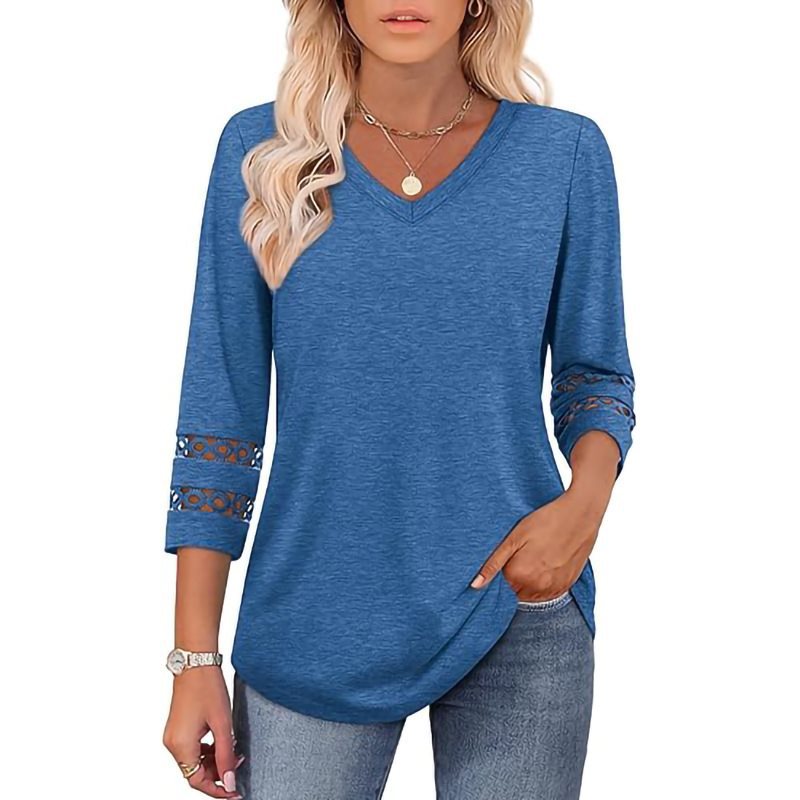 Women's Solid Loose V-Neck Hollow Out Casual Top