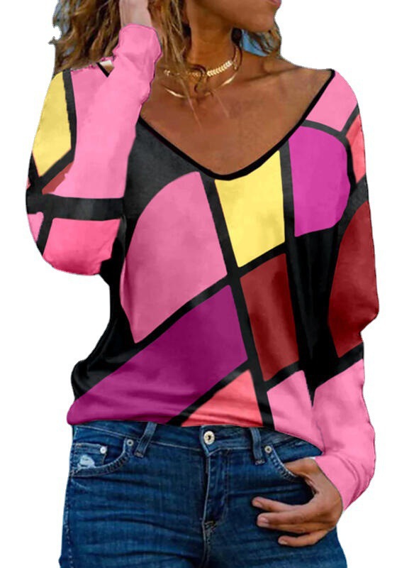Geometric V-Neck Print Loose Pullover T-Shirt Women's Top