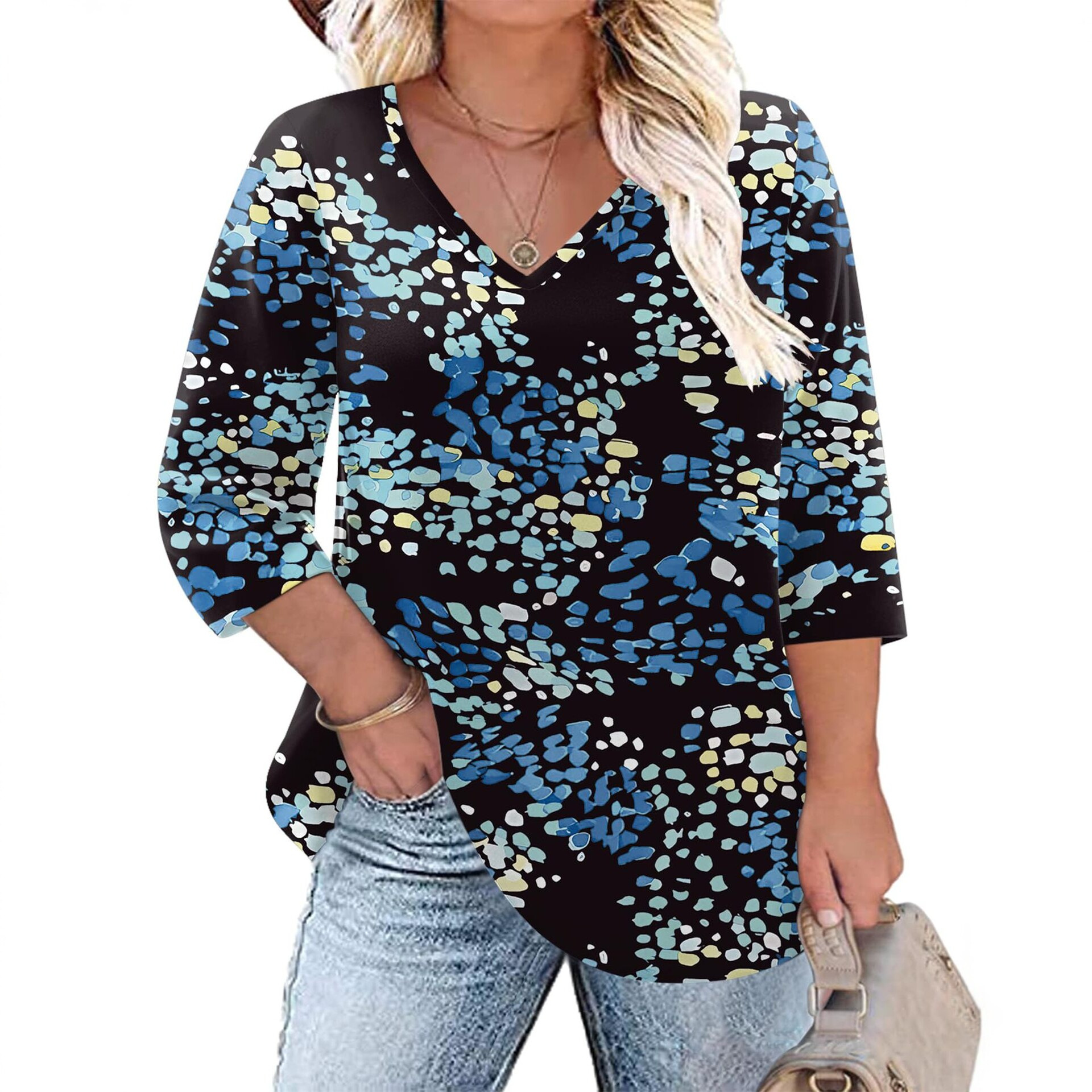 Women's Floral Print V-Neck Loose Long Sleeve T-Shirt