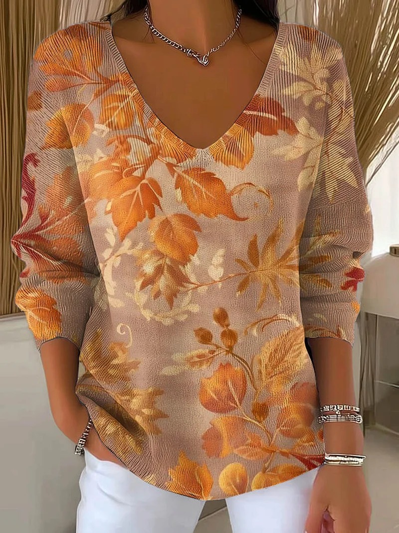 Dinosaur Floral Plaid V-Neck Long-Sleeve T-Shirt