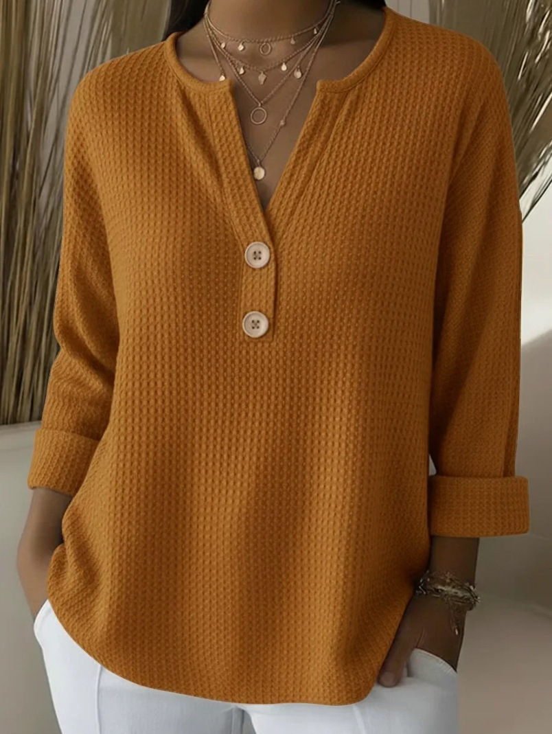 Women's V-Neck Waffle Knit Long Sleeve Pullover Sweater Solid Casual Top