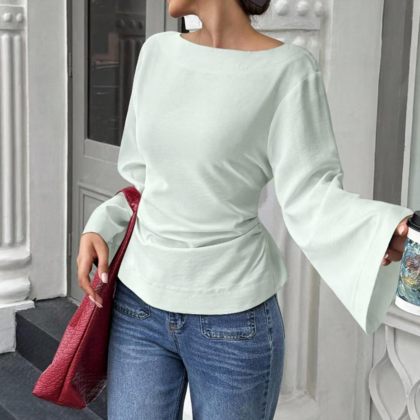 Solid Color Boat Neck Flared Sleeve Cinched Waist Long Sleeve Top