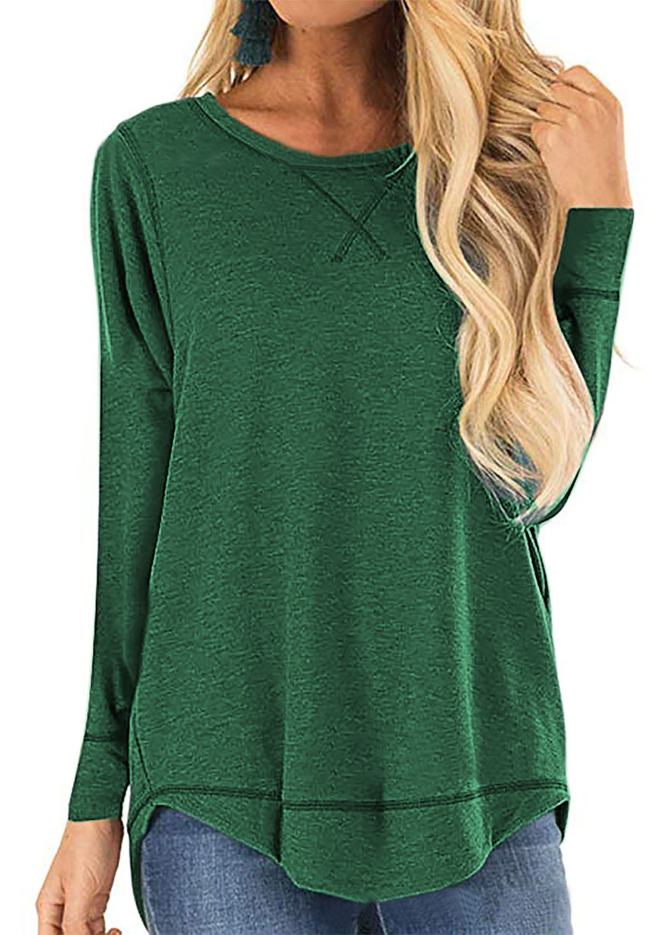 Women's Crewneck Long Sleeve T-Shirt Solid Loose High-Low Hem Casual Top