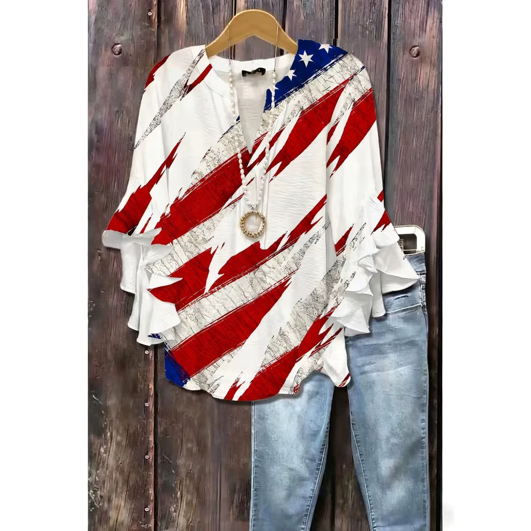 American Flag Print Rolled Sleeve Button Women's Top