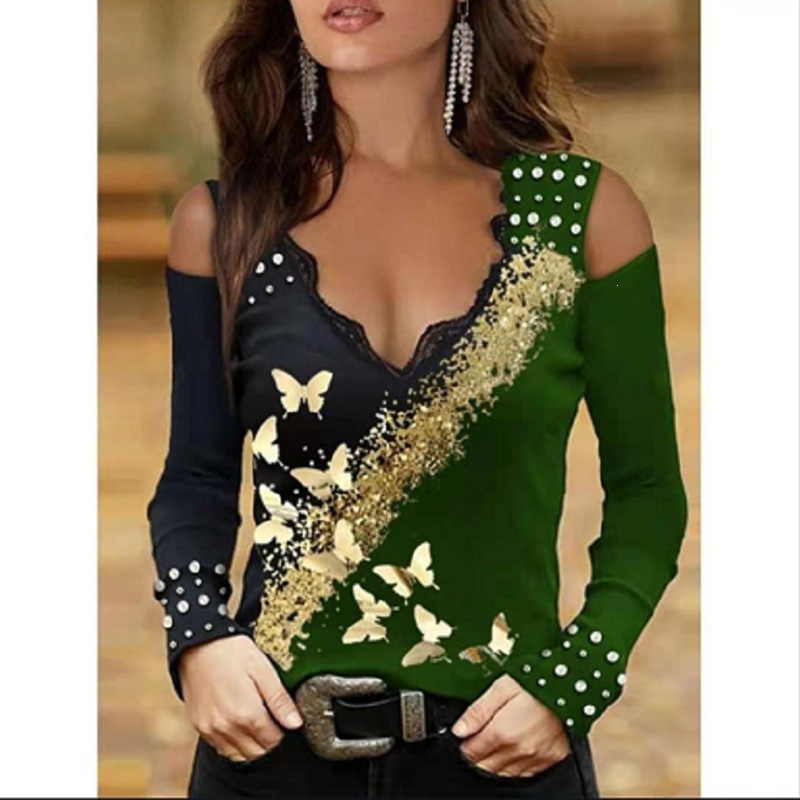 Women's Lace V-Neck Off-Shoulder Gold Butterfly Print Long-Sleeve T-Shirt