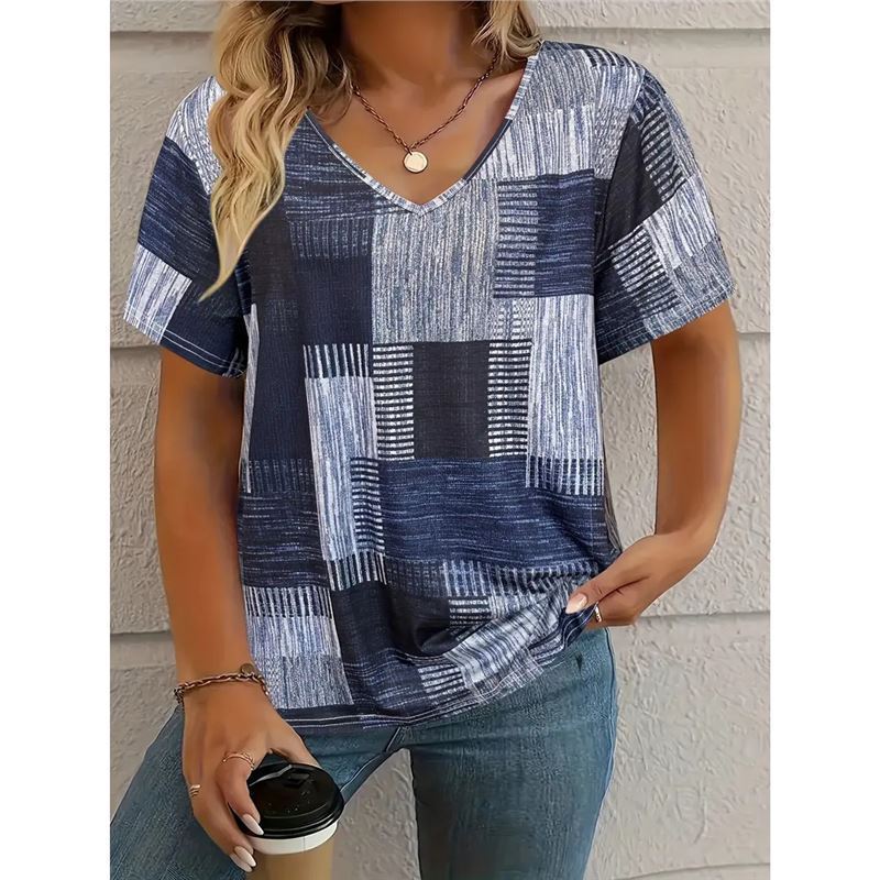 Women's Square Print V-Neck Short Sleeve T-Shirt