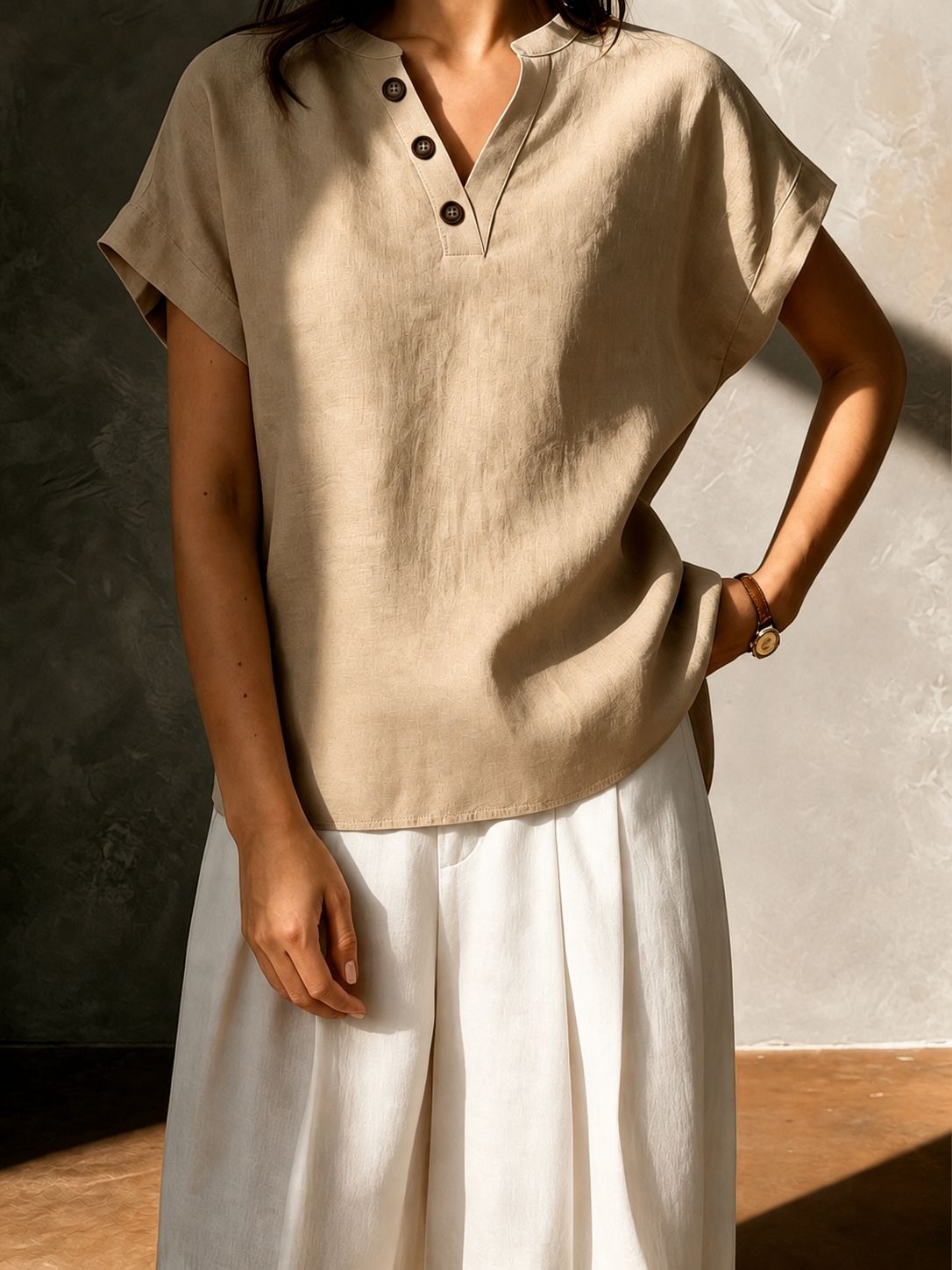 2026 New Cross-Border Women's Fashion Foreign Trade European and American Cotton-Linen High-End Feel Women's V-Neck Button Short-Sleeve Solid Color Shirt
